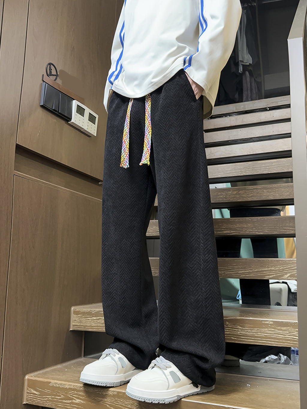 Black Herringbone Textured Oversized Wide-Leg Pants