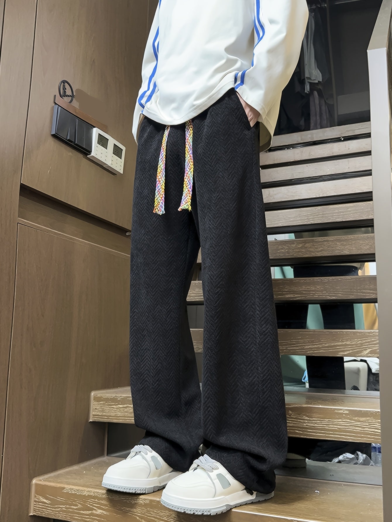 Black Herringbone Textured Oversized Wide-Leg Pants