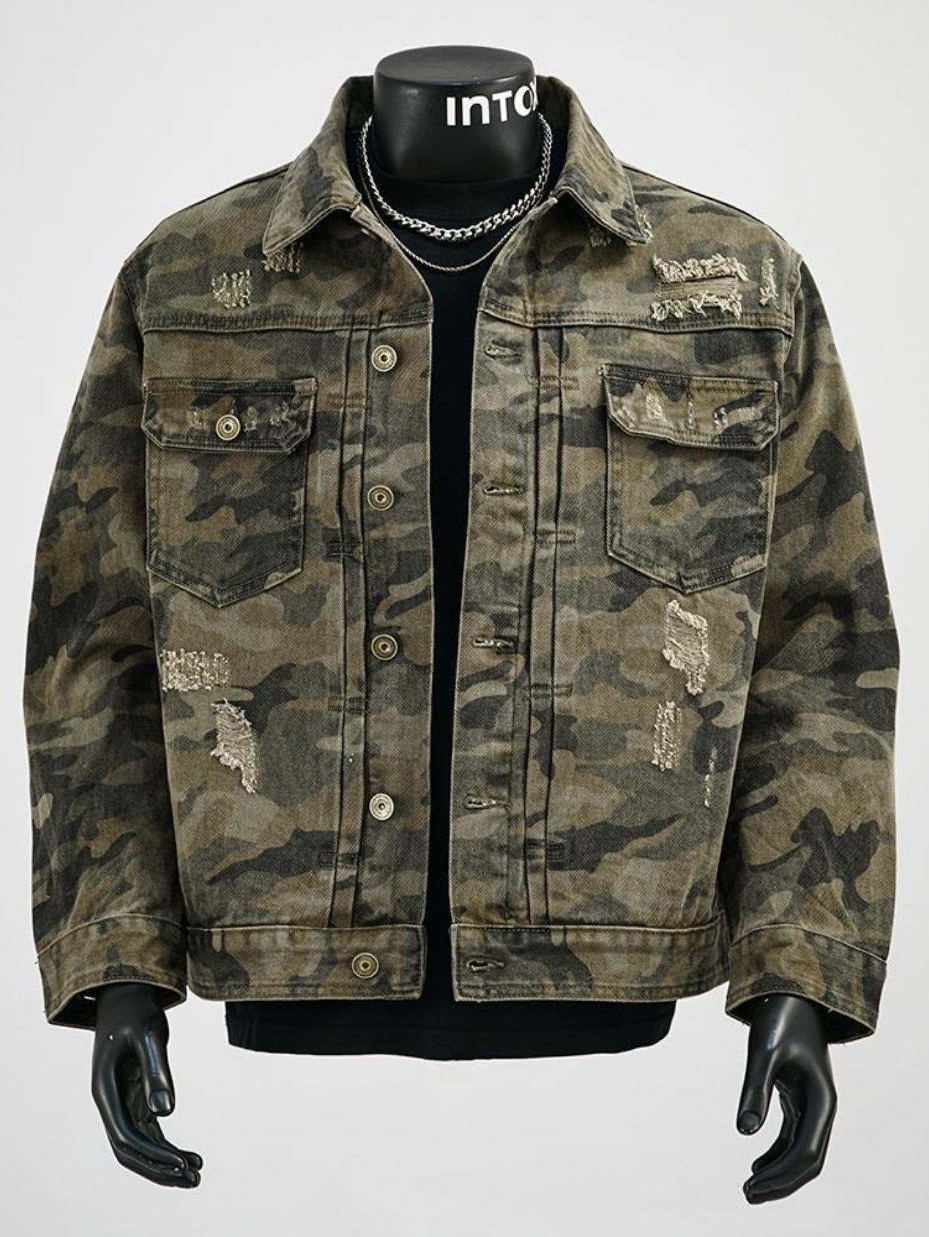 Distressed Camouflage Denim Jacket
