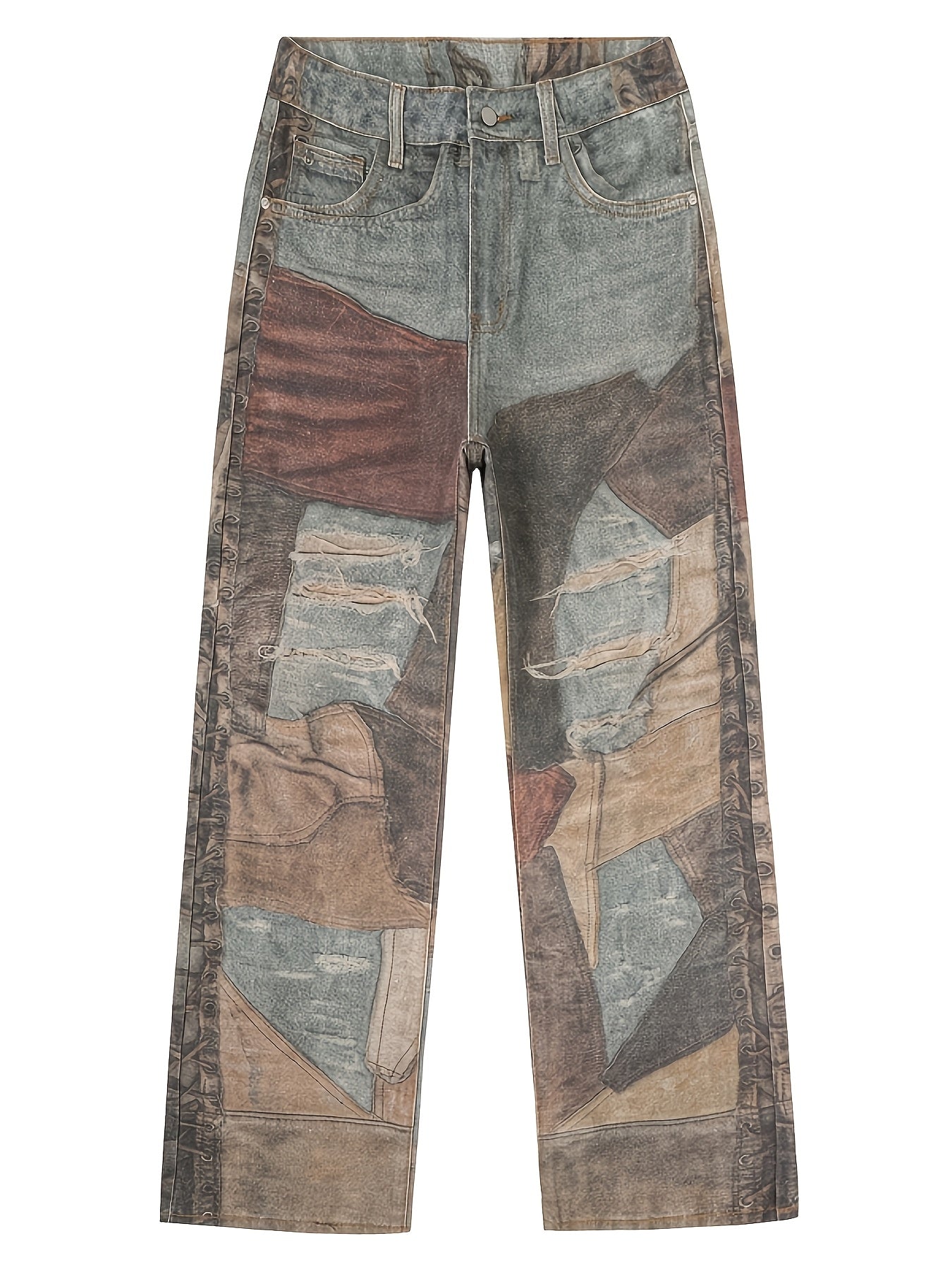 Vintage Patchwork Distressed Straight-Leg Jeans