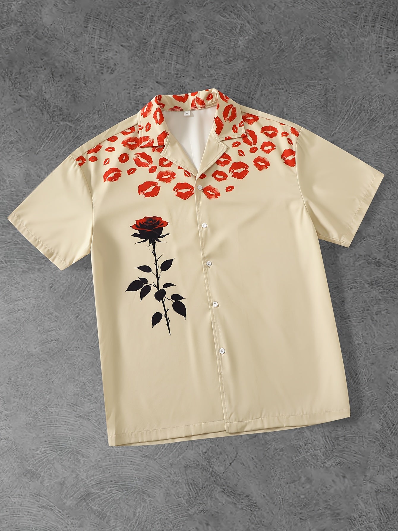 Lips & Rose Print Camp Collar Short-Sleeve Shirt