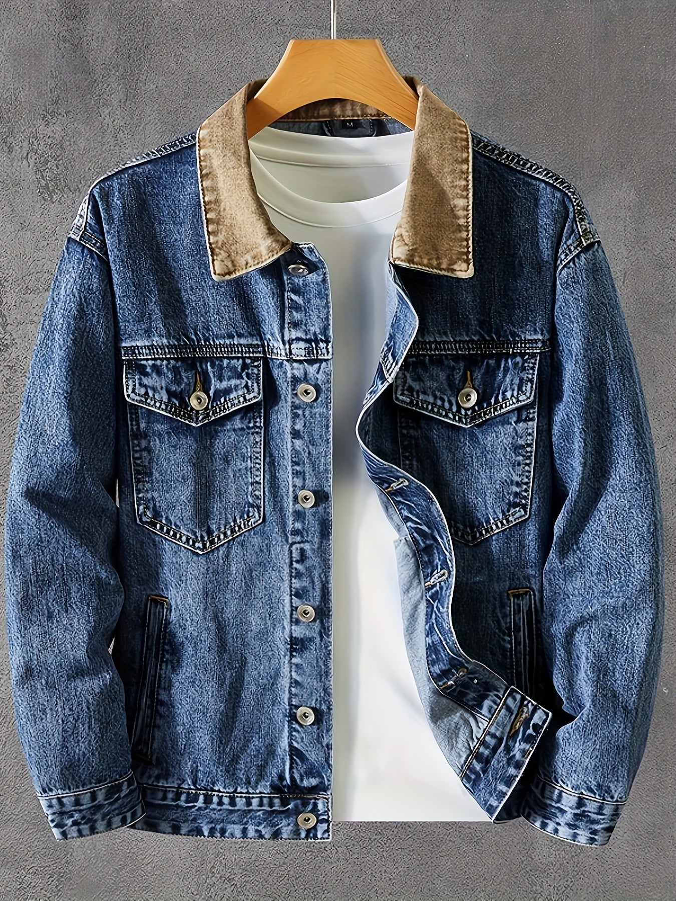 Contrast Corduroy Collar Washed Denim Jacket