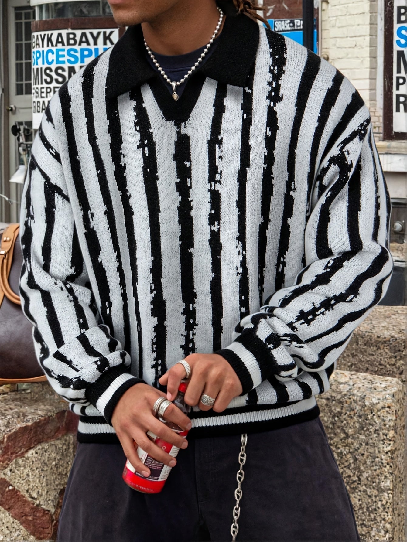 Distressed Stripe Polo Collar Oversized Knit Sweater