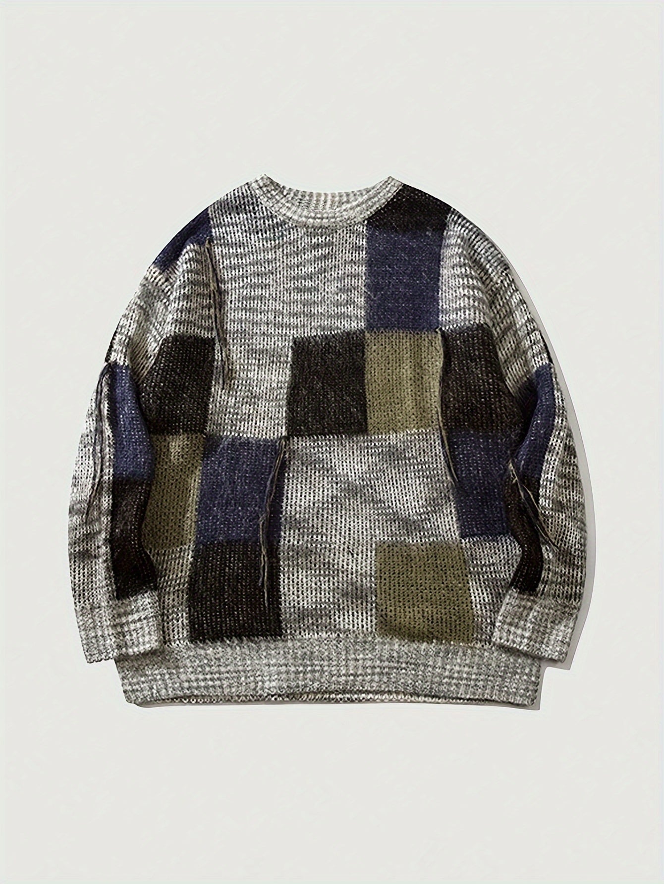 Patchwork Checkerboard Oversized Crewneck Sweater