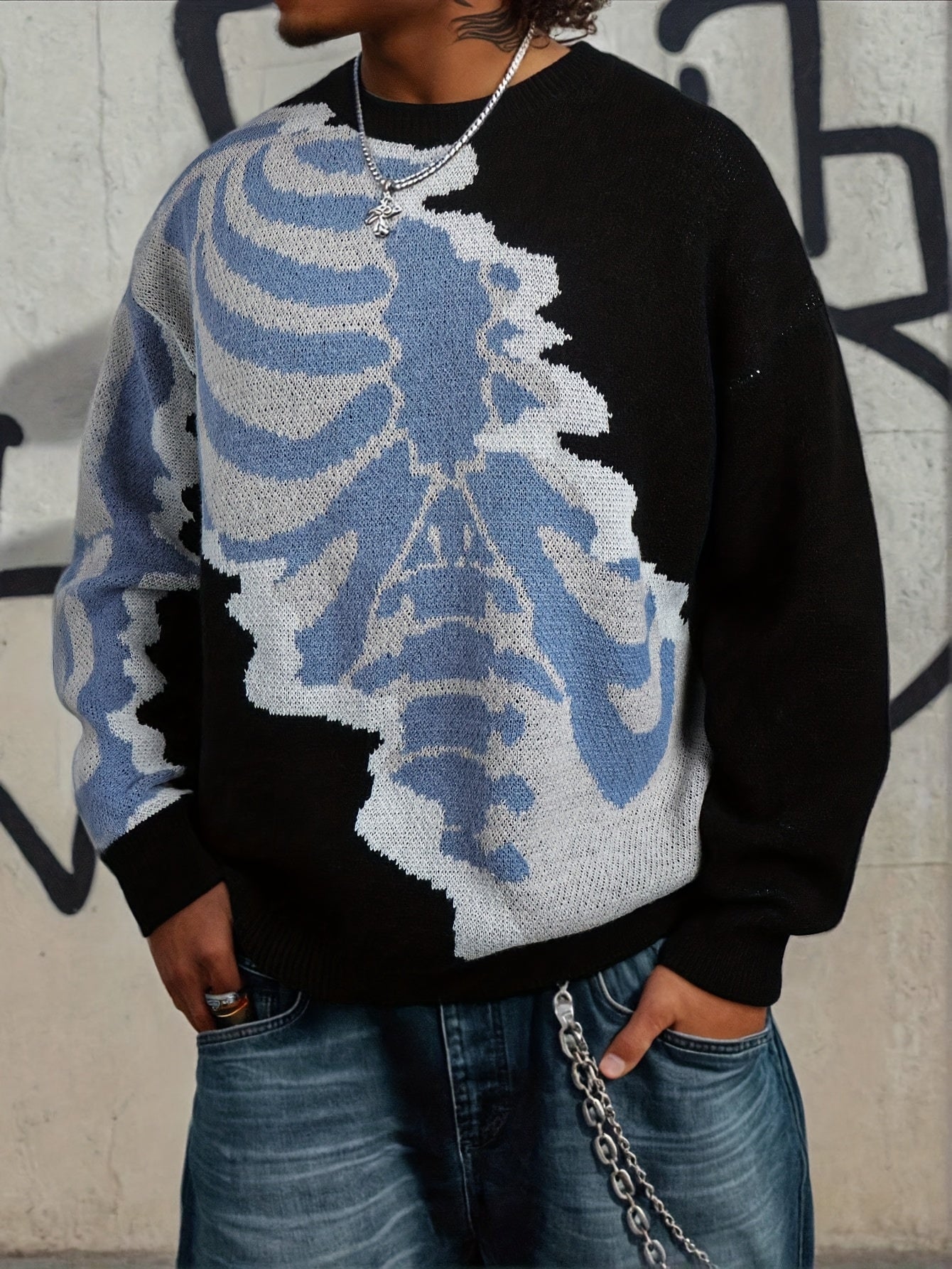 Abstract Bone Wave Oversized Knit Sweater