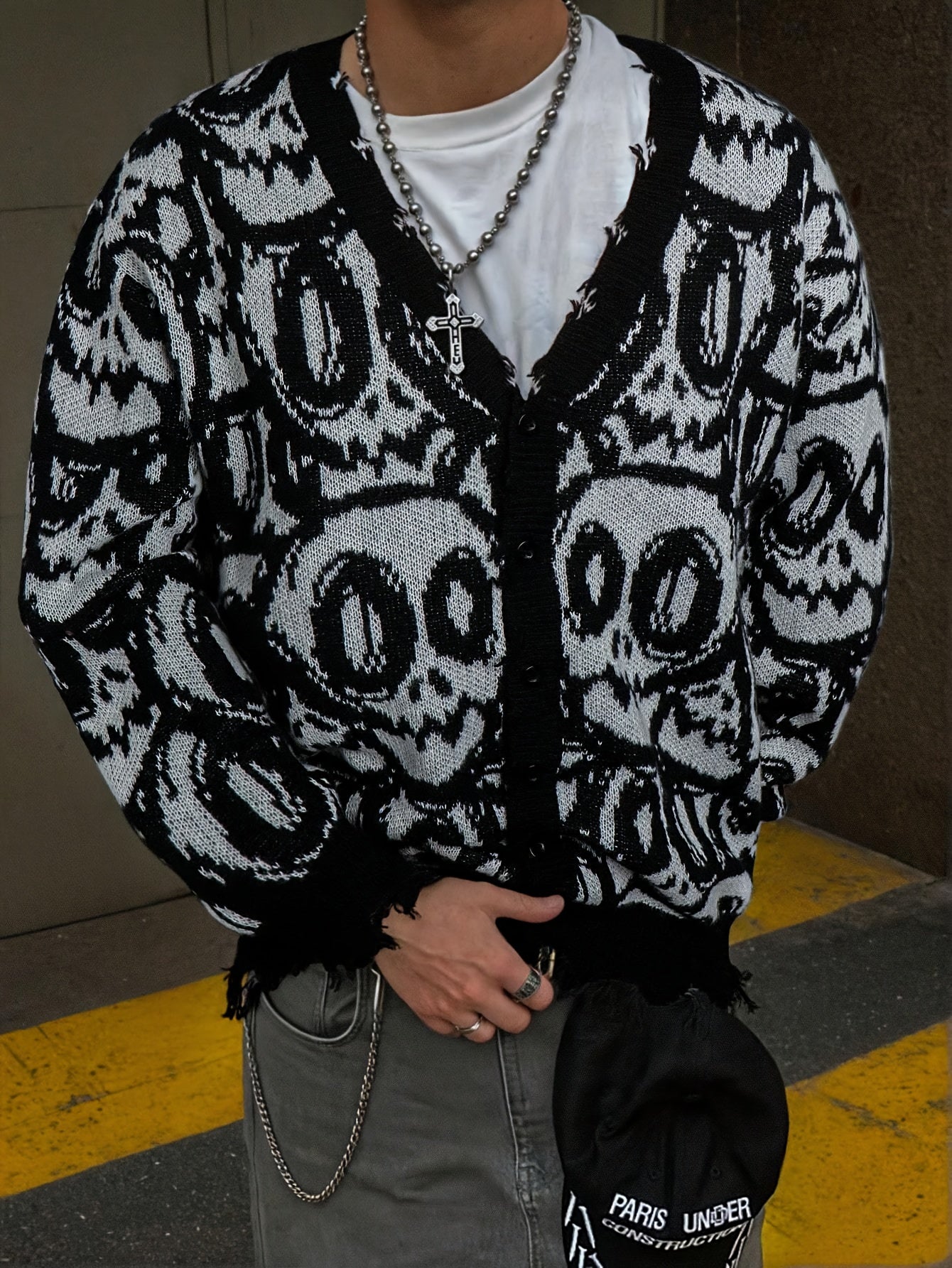Skull Graffiti Distressed Oversized Knit Cardigan