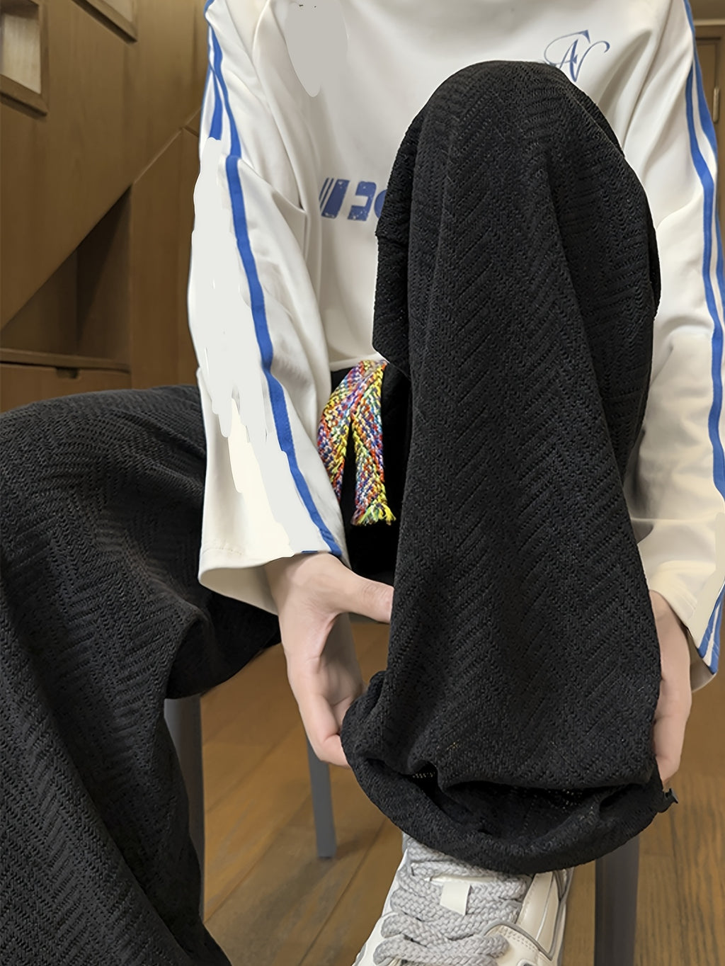 Black Herringbone Textured Oversized Wide-Leg Pants