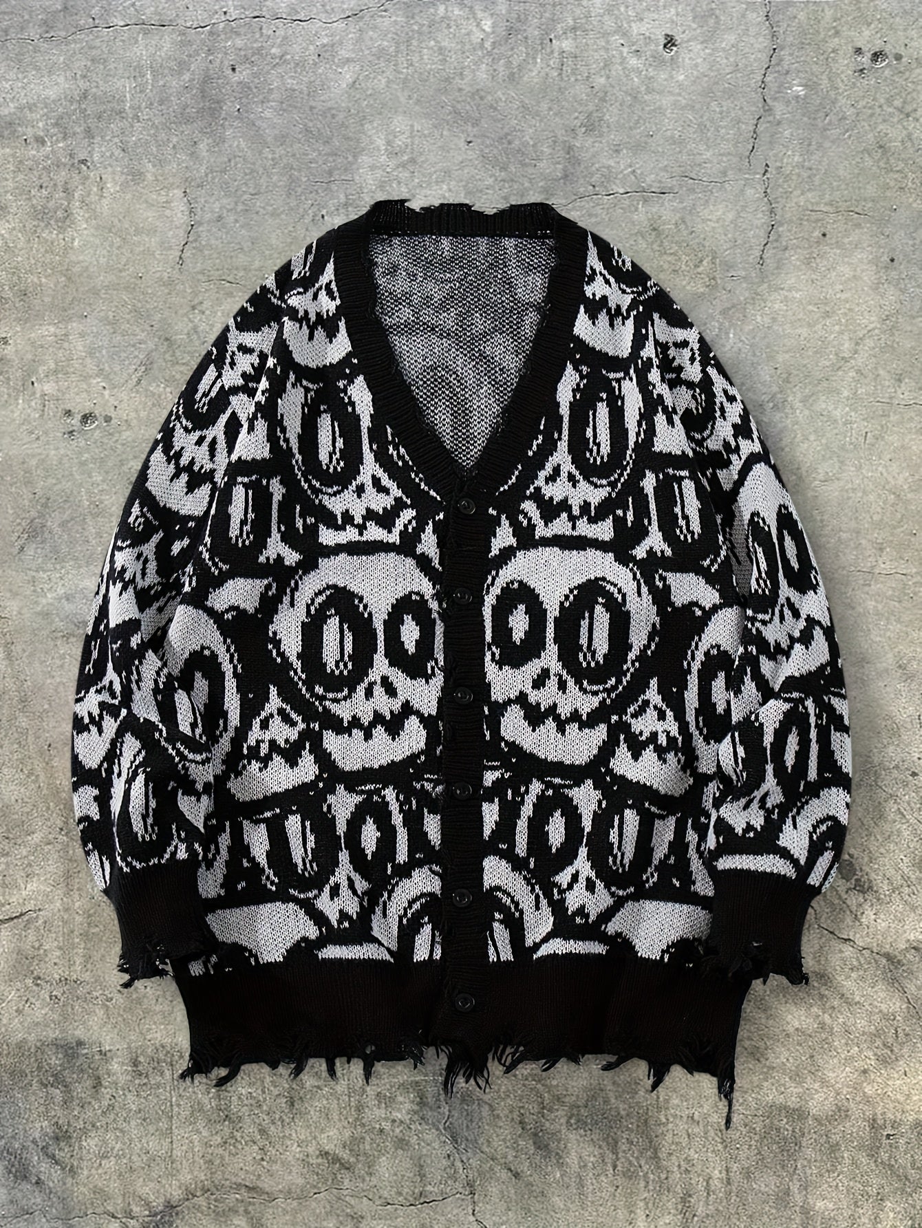Skull Graffiti Distressed Oversized Knit Cardigan