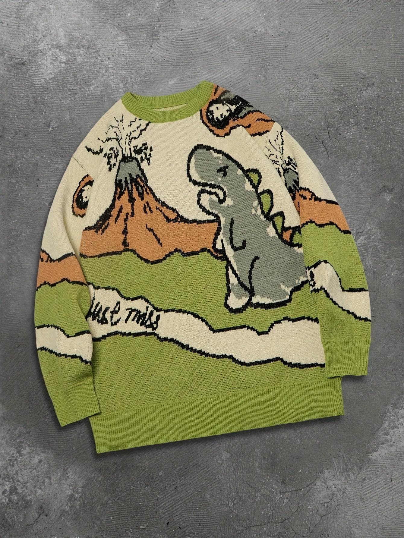 Prehistoric Dinosaur & Volcano Oversized Knit Sweater