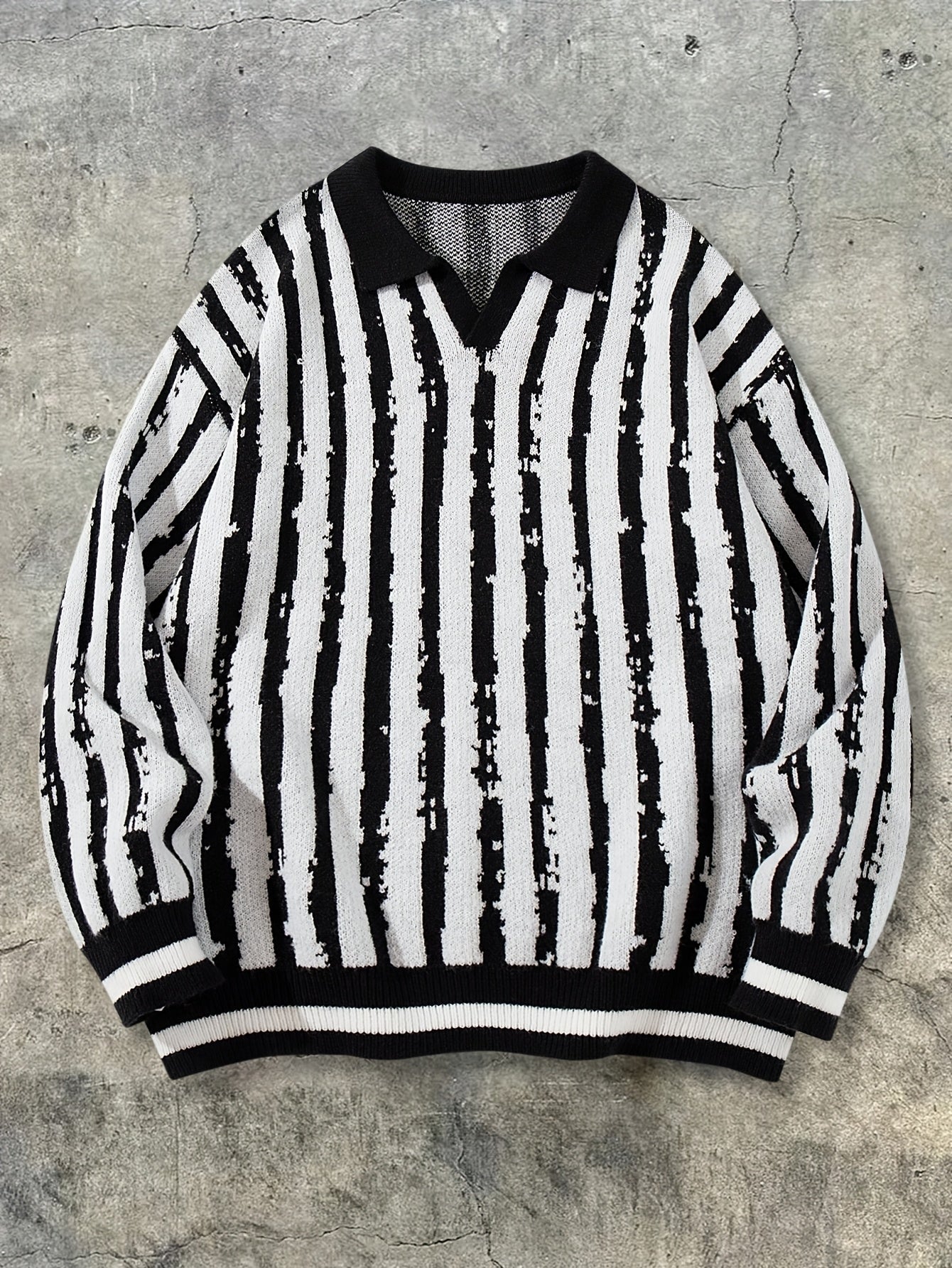 Distressed Stripe Polo Collar Oversized Knit Sweater