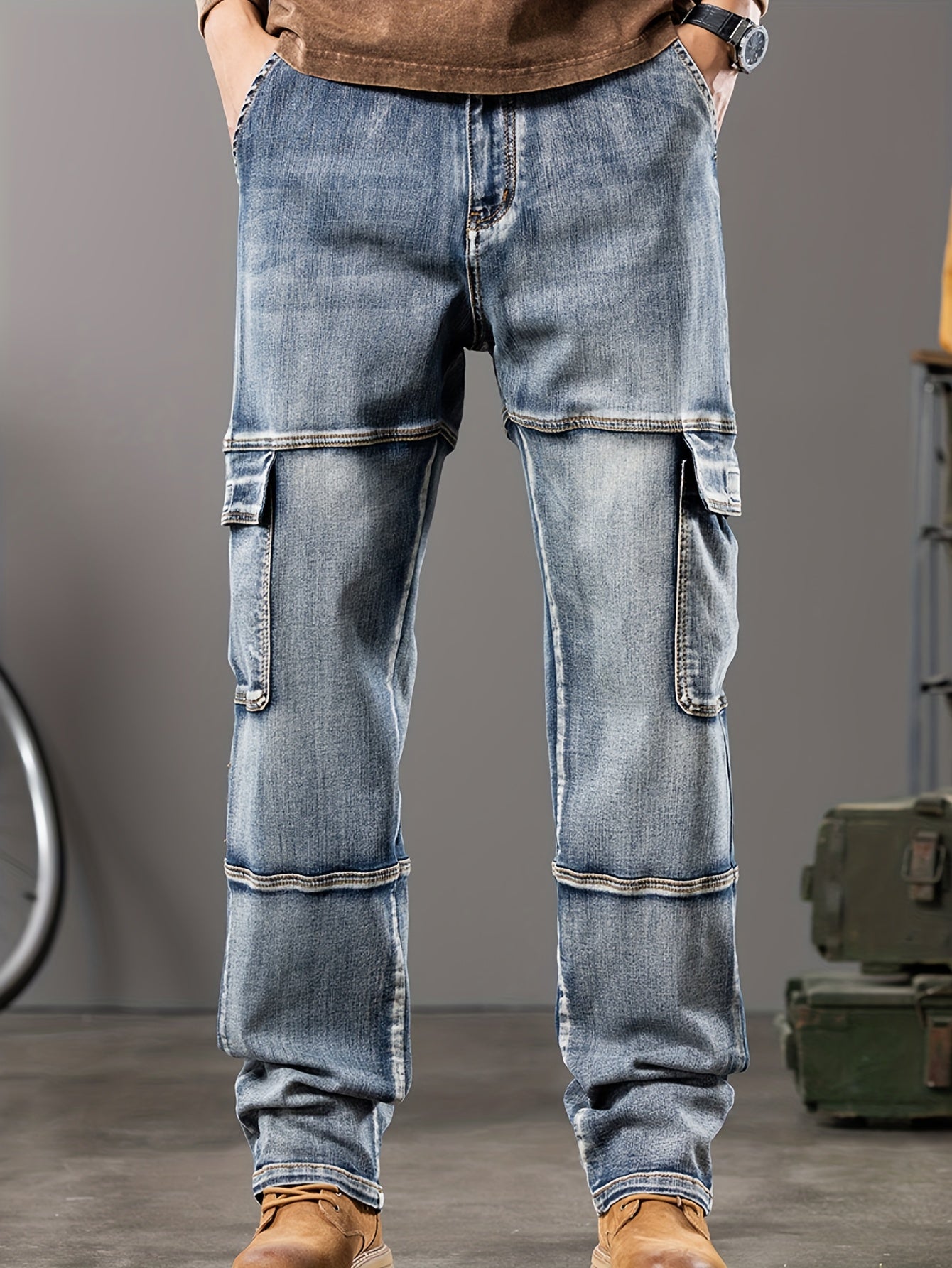 Vintage Washed Multi-Pocket Cargo Jeans