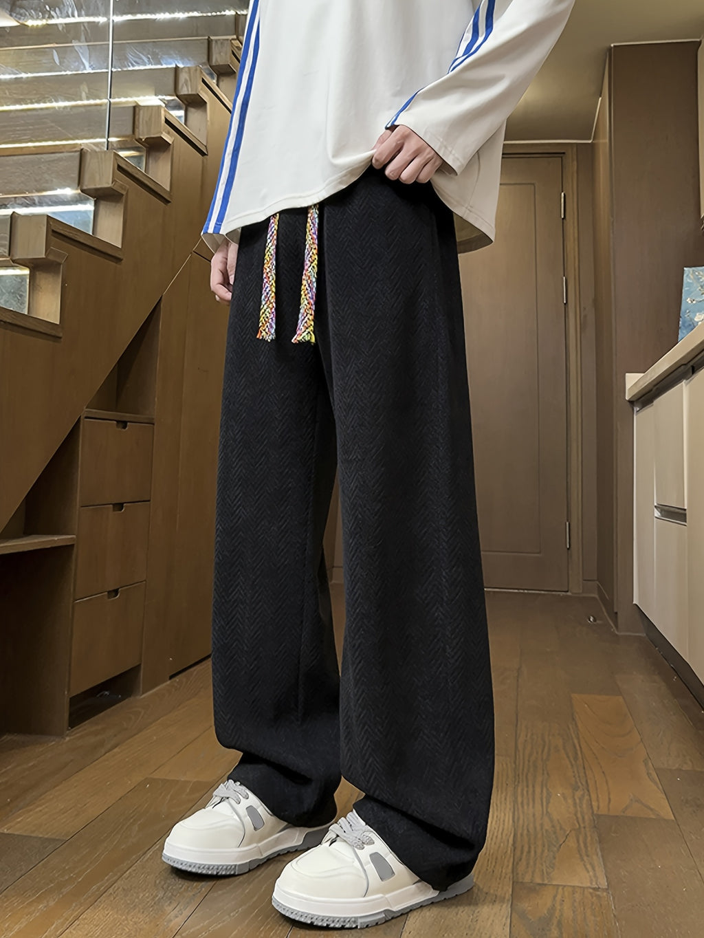 Black Herringbone Textured Oversized Wide-Leg Pants