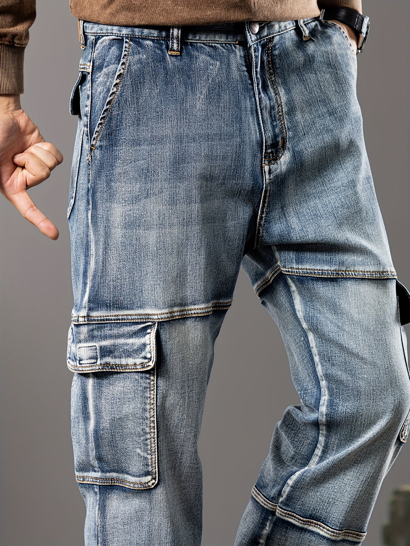 Vintage Washed Multi-Pocket Cargo Jeans