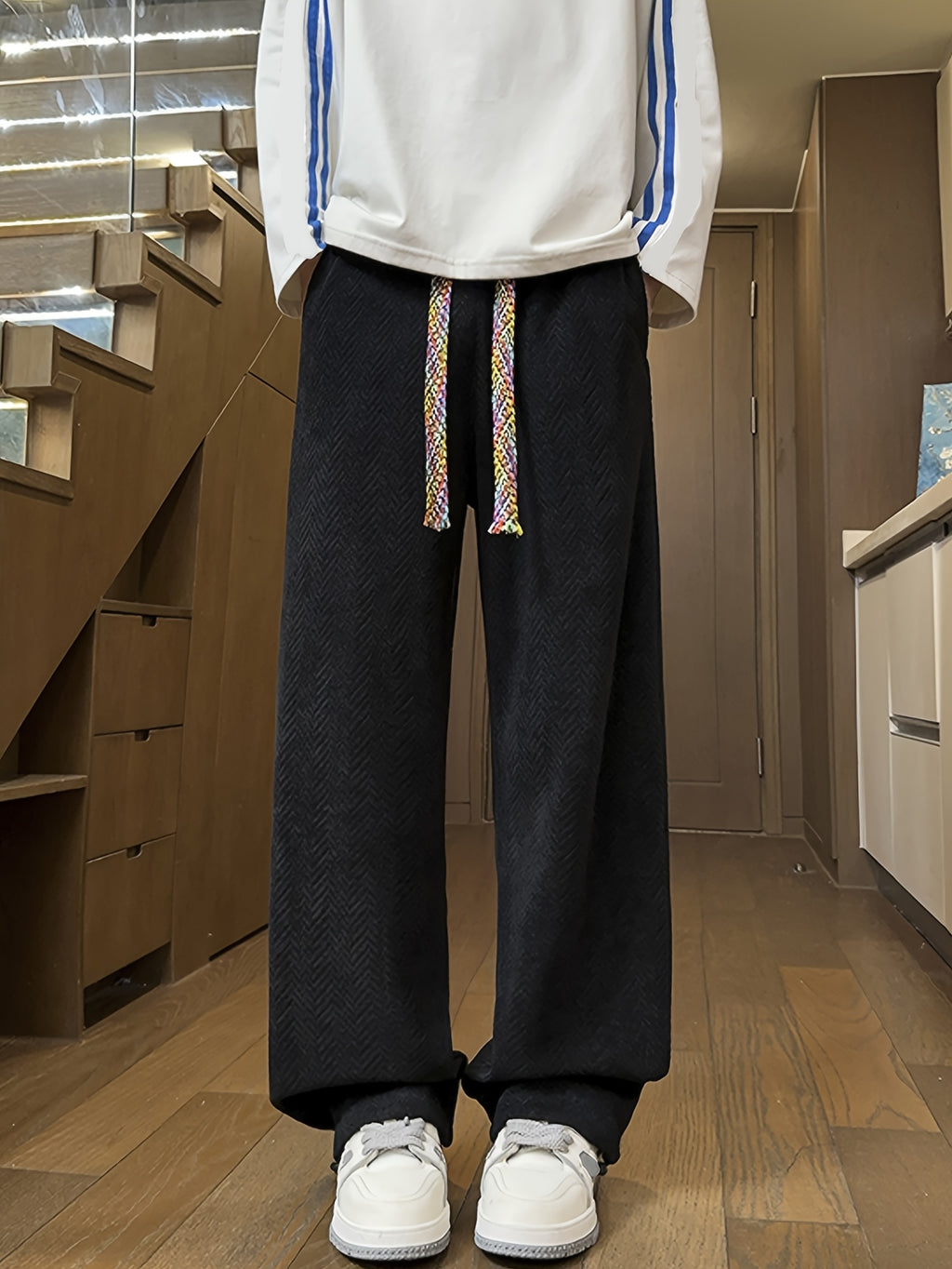 Black Herringbone Textured Oversized Wide-Leg Pants