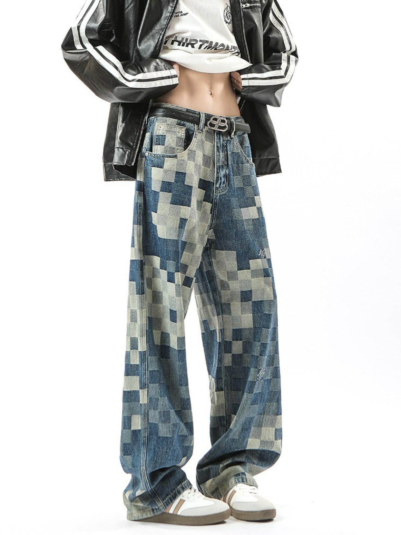 Pixel Checkerboard Wide-Leg Jeans