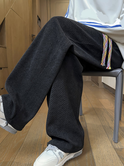 Black Herringbone Textured Oversized Wide-Leg Pants