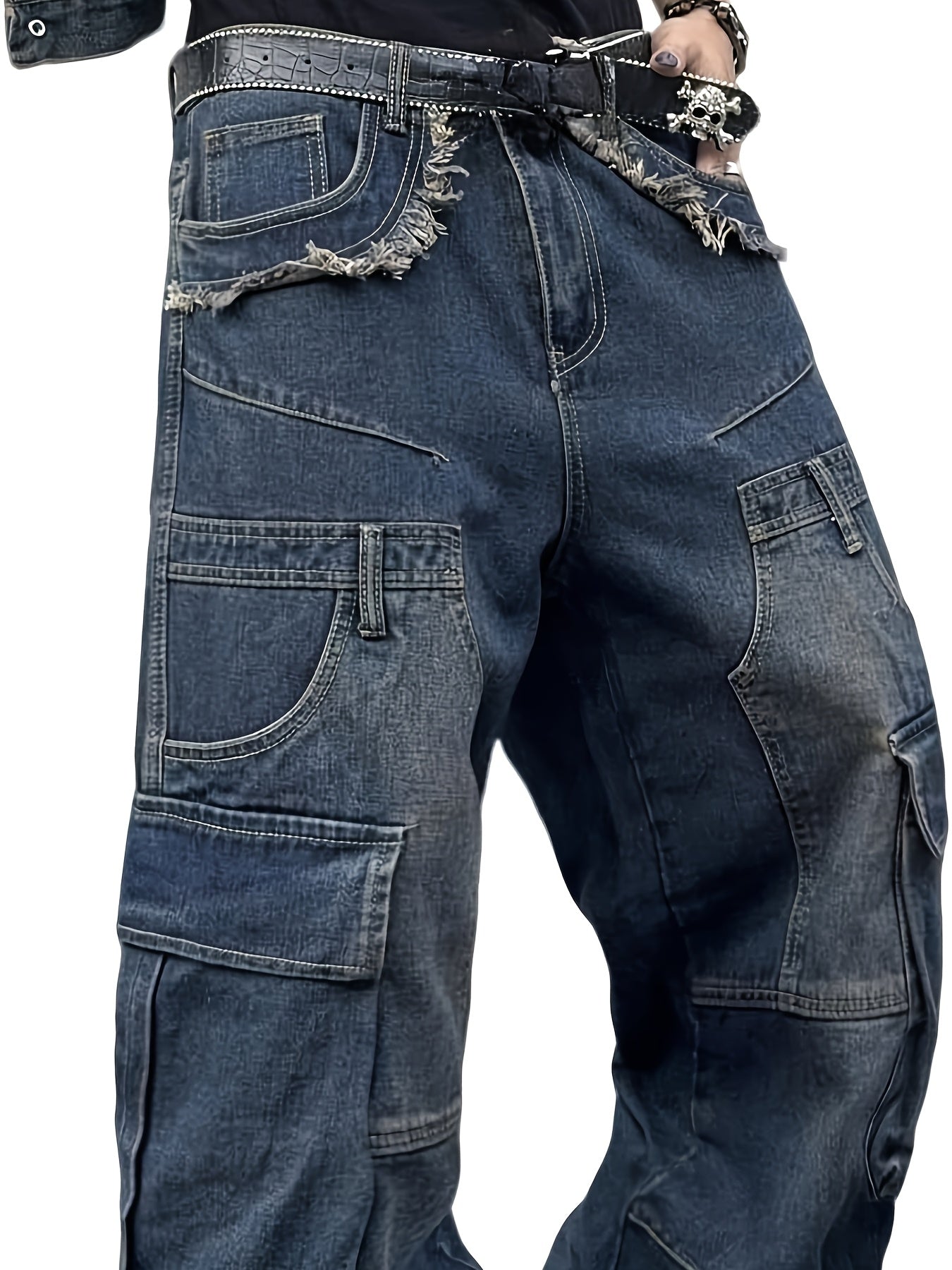 Distressed Multi-Pocket Baggy Cargo Jeans