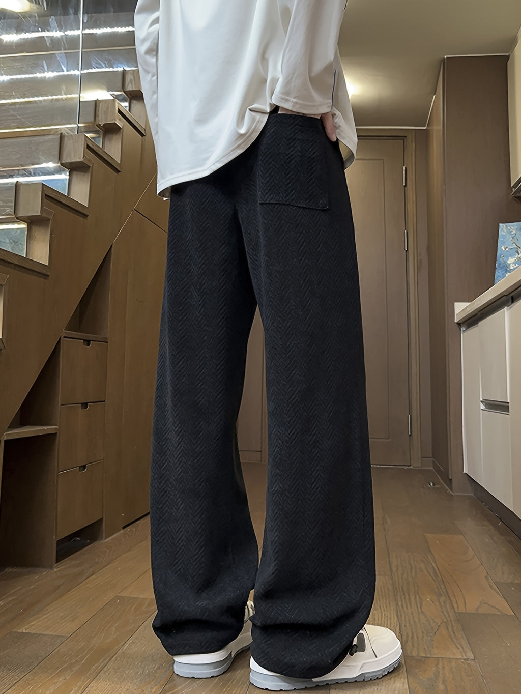 Black Herringbone Textured Oversized Wide-Leg Pants