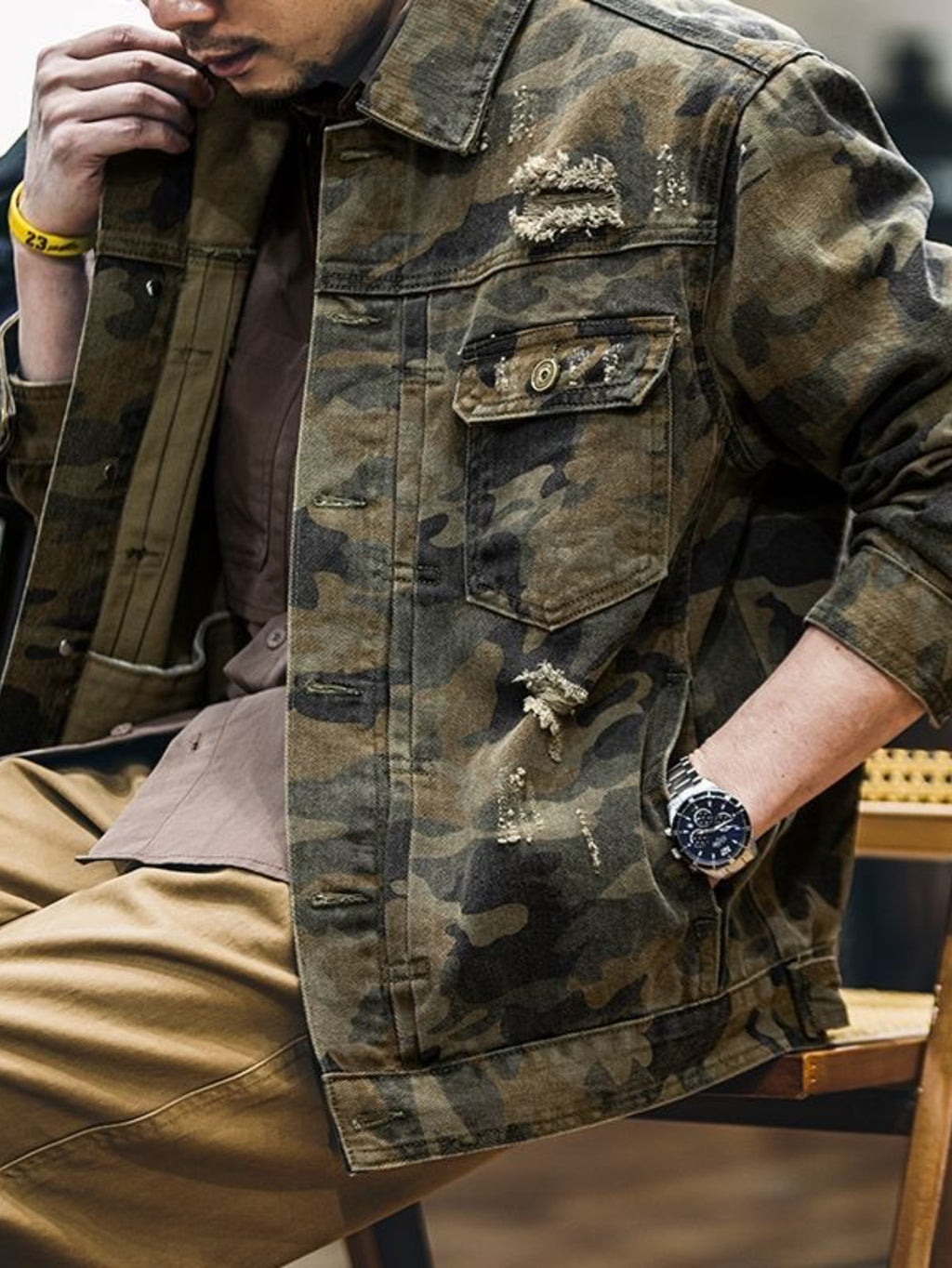 Distressed Camouflage Denim Jacket