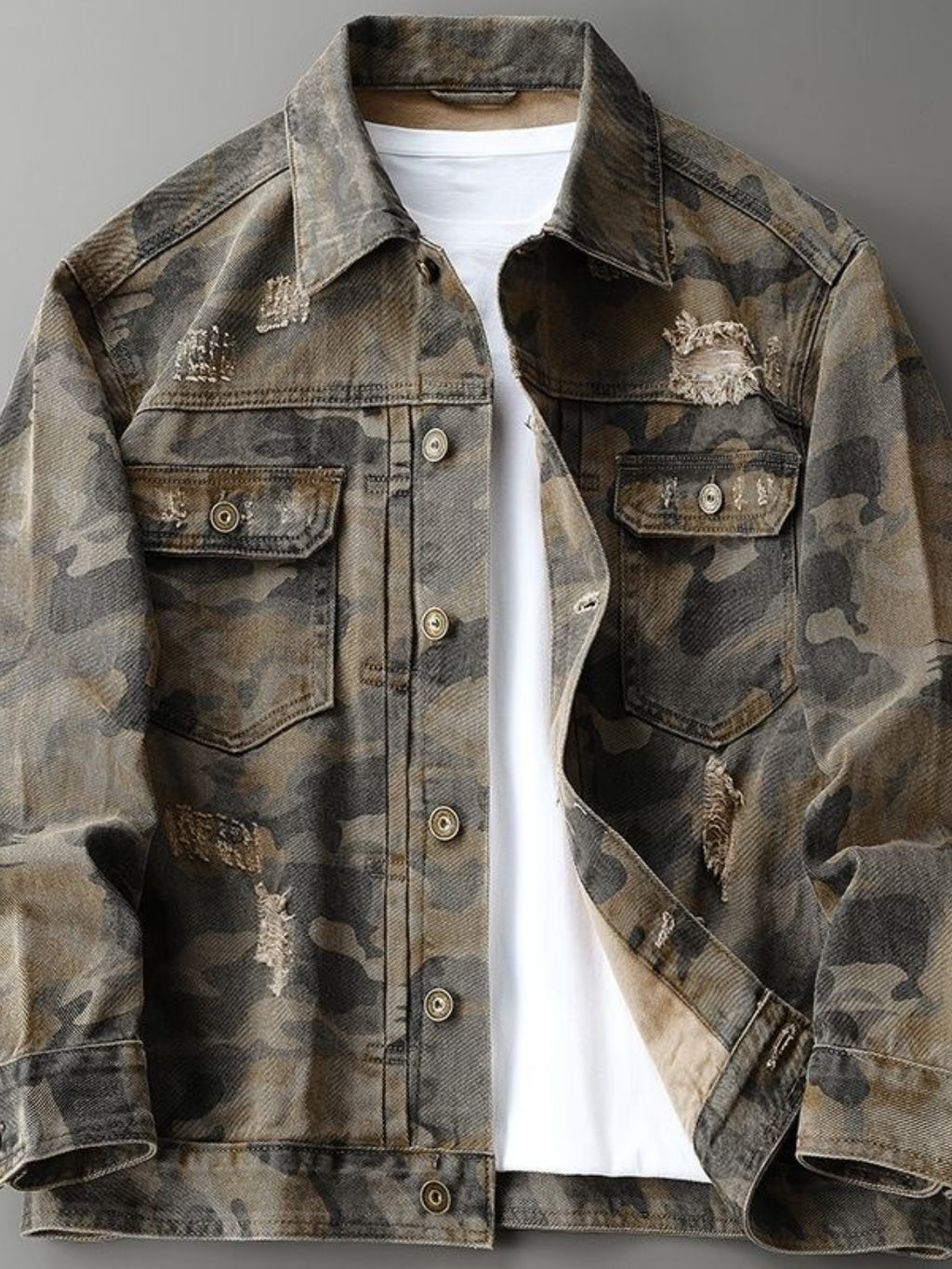 Distressed Camouflage Denim Jacket