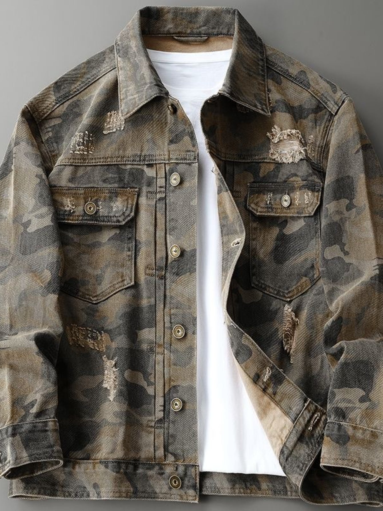 Distressed Camouflage Denim Jacket
